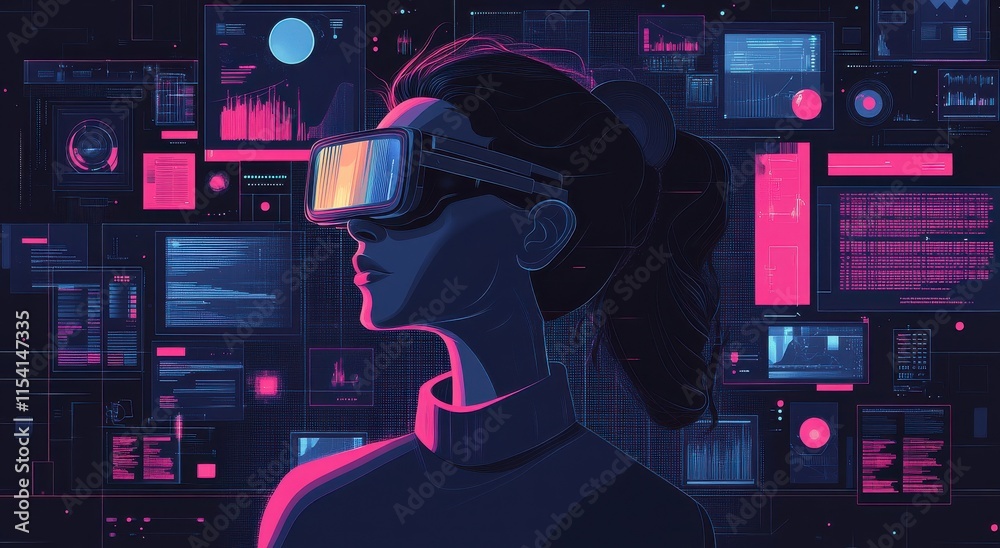 Poster futuristic virtual reality user interface with data visualization overlays