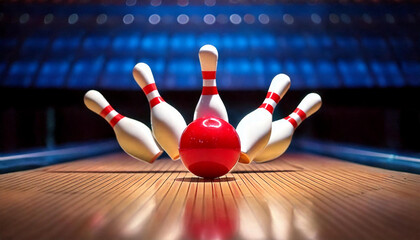 Bowling Pins Downed by a Strike in a Lively Bowling Alley