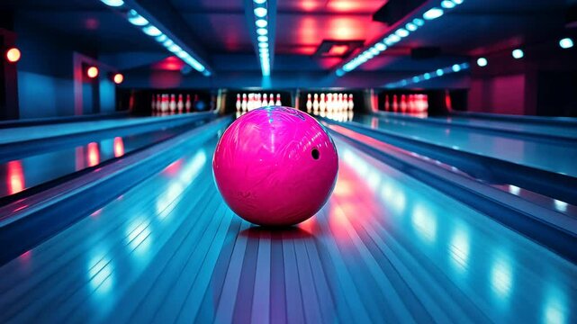 Pink bowling ball illuminated by blue and red light on a bowling lane in a stylish alley, A pink bowling ball sits on a lane lit in blue and red lights