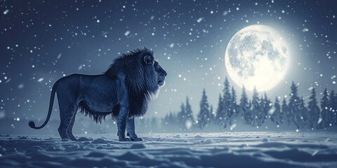 A lion stands in the snow under a full moon with a forest in the background.