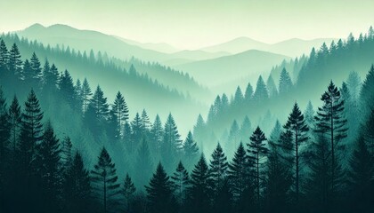 Fototapeta premium Green monochrome pine and mountain landscape