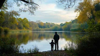 A father and son fishing together at a peaceful lakeside capturing the simplicity of a father-son moment
