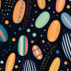 A colorful abstract pattern featuring ovals and dots on a dark background.