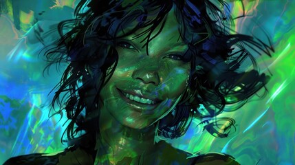 Fototapeta premium Smiling woman with vibrant, flowing hair in an ethereal, colorful setting.