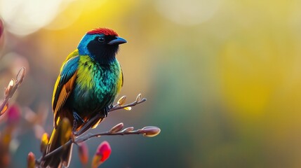A colorful bird with red and green plumage perched on a flowering branch in golden sunlight.