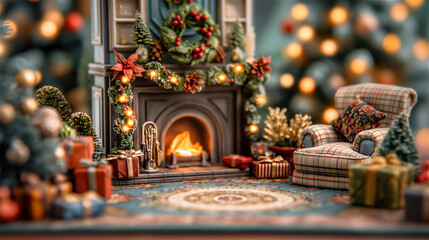 Fototapeta premium Miniature of a cozy living room beautifully decorated for Christmas, with a warm fireplace, a comfy armchair and a charming Christmas tree decorated with lights