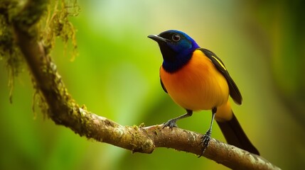 Fototapeta premium Bright orange and blue bird perched on a moss-covered branch in a lush green forest.