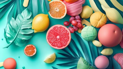Tropical summer theme with vibrant fruits and leaves