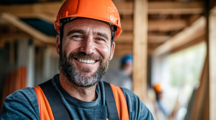 Smiling construction worker at job site wearing safety gear and hard hat during daytime work hours