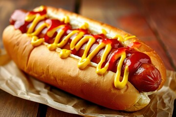 Delicious hot dog with ketchup and mustard on baking paper, ready to be eaten