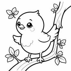 Fototapeta premium Cute kawaii bird on the branch tree cartoon character coloring page vector illustration. Wild animal, mothers day colouring page for kids
