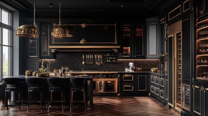 Luxurious black and gold kitchen interior design.