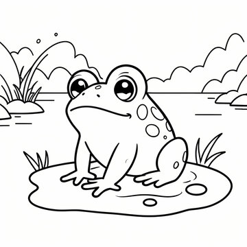 Cute frog sitting on the lotus leaf cartoon outline coloring page for kids