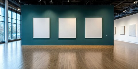 Five blank white frames evenly spaced on a striking teal wall in a serene, well-lit gallery setting.