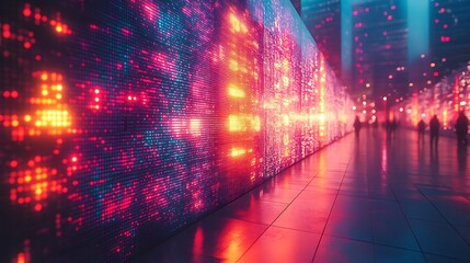 Fototapeta premium Illuminated Cityscape Wall Displays Digital Data Stream