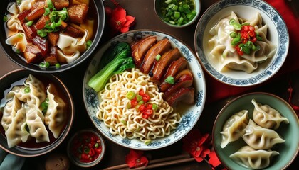 Vibrant Chinese New Year Feast with Dumplings and Noodles for Celebration and Longevity