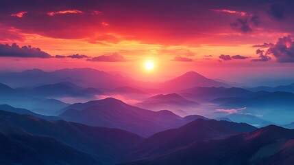 Fototapeta premium Vibrant sunset over a majestic mountain range, showcasing layers of peaks and valleys bathed in warm, colorful light.