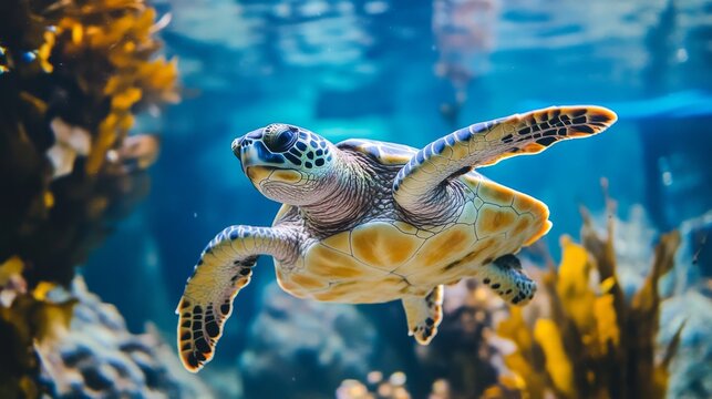 Colorful Turtles Swimming Among Aquatic Plants
