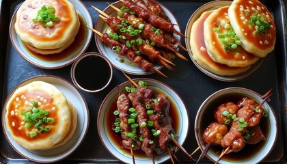 Delicious Chinese Street Food Spread Featuring Fried Dishes and Savory Skewers on Tray