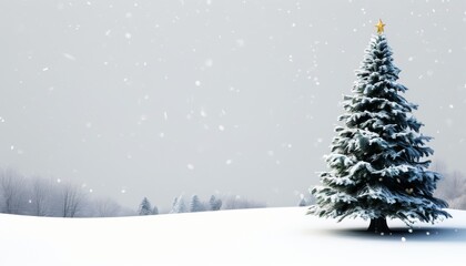 Obraz premium Snowy Christmas Tree with Golden Star in Serene Winter Landscape with Snowfall