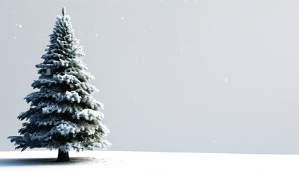 Fototapeta premium Snowy Christmas Tree in Winter Landscape with Gentle Snowfall and Soft Gray Background