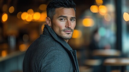 Fototapeta premium Man in gray jacket looks back in a cozy cafe with warm lighting