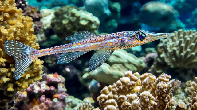 Flute fish swims among vibrant corals in the Great Barrier Reef, Flute fish trumpetfish Great Barrier Reef marine life Australia wildlife nature