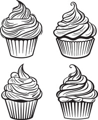 Cupcakes Line Art Stylized Vector Illustration Graphic