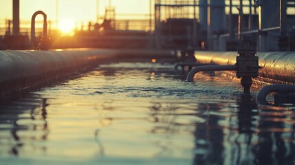 Aquaculture Facility at Sunset with Urban Background