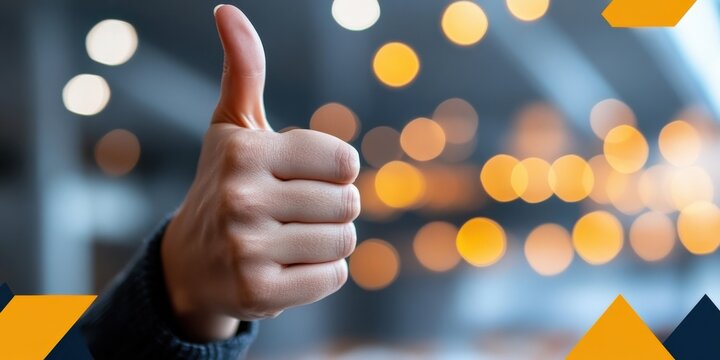 A hand gives a thumbs-up against a soft-focus illuminated backdrop, symbolizing approval, success, and positivity with sparkling bokeh lights.