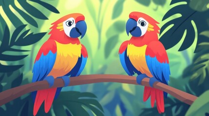 Colorful cartoon parrots perched on a branch in a vibrant jungle background
