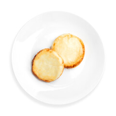 Cottage cheese pancakes, on a white background, isolated. Top view.