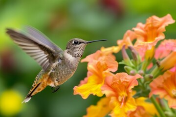 Fototapeta premium Hummingbird hovers near orange flowers, its wings a blur of motion, against a soft green background