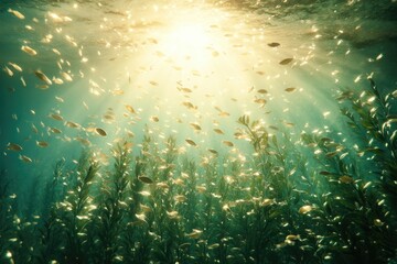 Obraz premium Sunlight Illuminates Underwater Fish and Kelp Forest