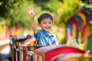 Asian child enjoys a ride on a bright miniature train in a sunny park