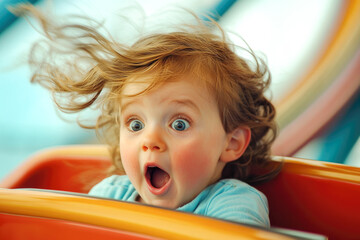 Fototapeta premium Caucasian female child experiencing joyful thrill on amusement park ride