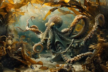 Obraz premium an octopus is laying in the seaweed