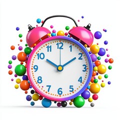 A vibrant, playful alarm clock surrounded by colorful spheres, symbolizing the passage of time and a cheerful atmosphere.
