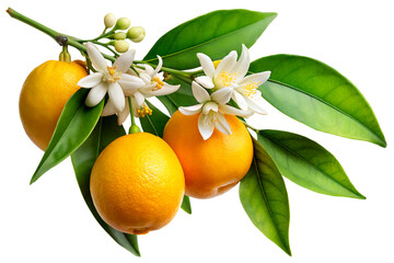 Ripe oranges with flowers and leaves isolated on white background. Clipping path. png file.