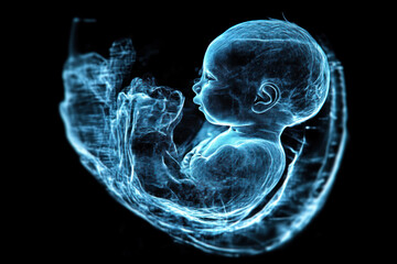 Baby in the womb surrounded by amniotic fluid, with umbilical cord visible, in a medical ultrasound scan.