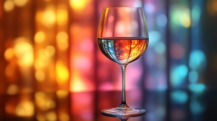 A wine glass sits against a colorful blurred background