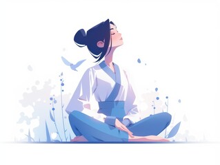 A serene figure in traditional attire meditates amidst gentle flora.