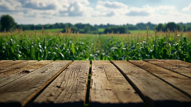 Empty wooden table overlooking a lush green corn farm on a sunny day, empty wooden table with green corn farm background video ing for display