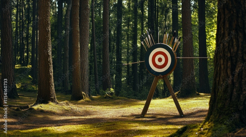 Poster an elaborate archery setup in a forest clearing, bows and arrows neatly placed on a target board, ru