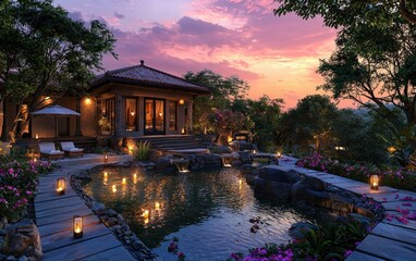 Obraz premium Sunset over a luxurious spa retreat with candle-lit pathways and water features