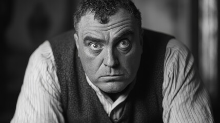 Obraz premium Man with stocky build wearing vest displays intense expression in candid moment