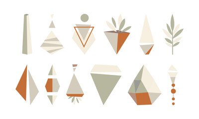 Boho decorative geometric elements in pastel bohemian colors. For creative and harmonious design and decor. Modern and trendy set of vector decorative vintage retro elements.