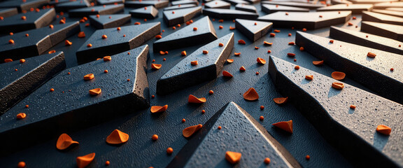 A close up of a black and grey image of many small black and grey shapes. The shapes are arranged in a way that creates a sense of depth and texture. The image conveys a feeling of mystery