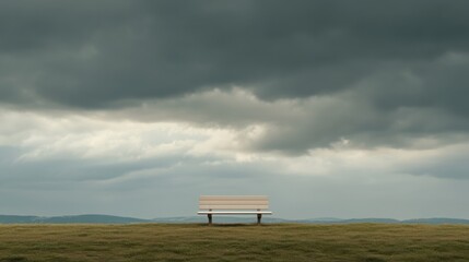 Obraz premium A solitary bench sits on a vast green field beneath heavy gray clouds, evoking feelings of loneliness and melancholy. The atmosphere resonates with the themes of Blue Monday