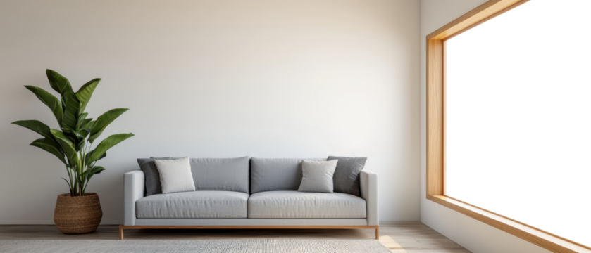 Modern living room with large transparent windows for a view.